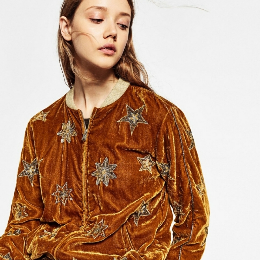 NWT ZARA Velvet Bomber Jacket Embroidered Stars Rare